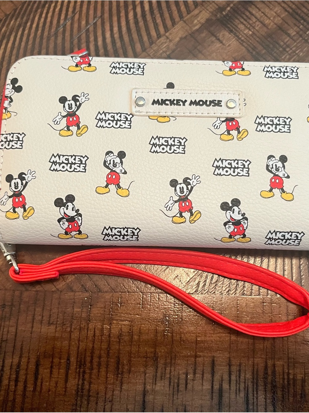 Mickey Mouse Cream Wristlet Wallet with Red Strap New!